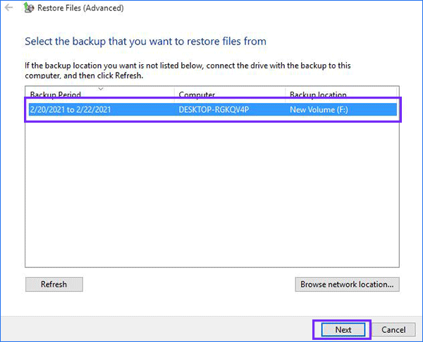 ریکاوری فایل حذف شده در ویندوز از بخش Restore Files