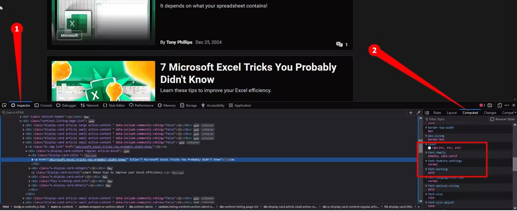 شناسایی فونت‌های وب‌سایت با ابزار Element Inspector